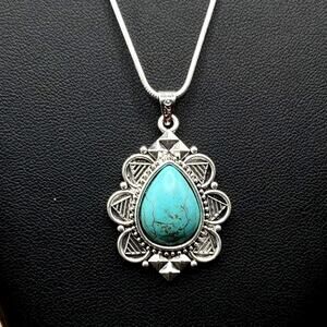 925 Sterling Silver Necklace w/ Turquoise Teardrop Floral Pendant Valentine Gift